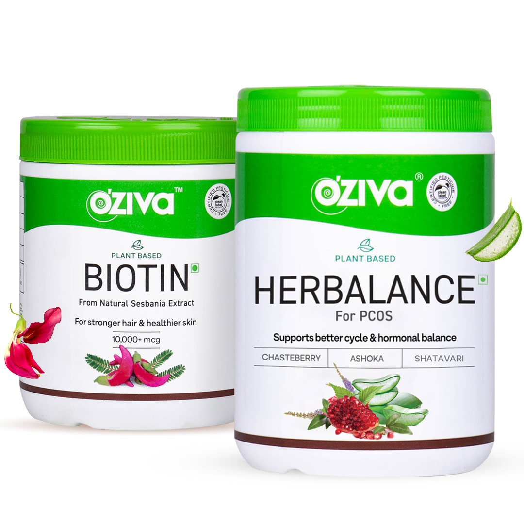 HerBalance for PCOS (250g) + Plant Based Biotin (125g) for PCOS Symptom Management and Hair Fall Control