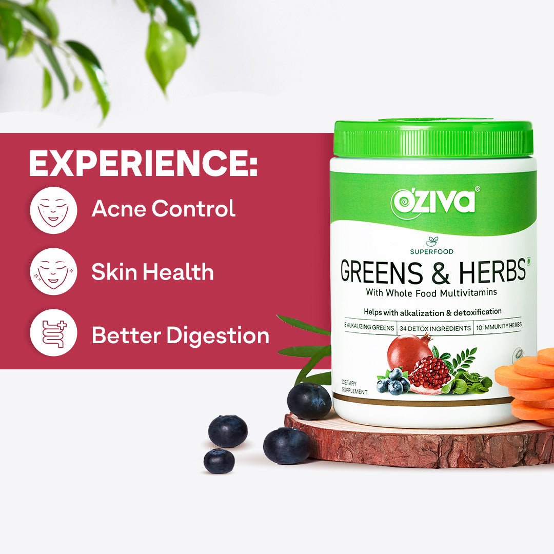 OZiva Superfood Drink with Greens for Gut Health & Acne Control 250g
