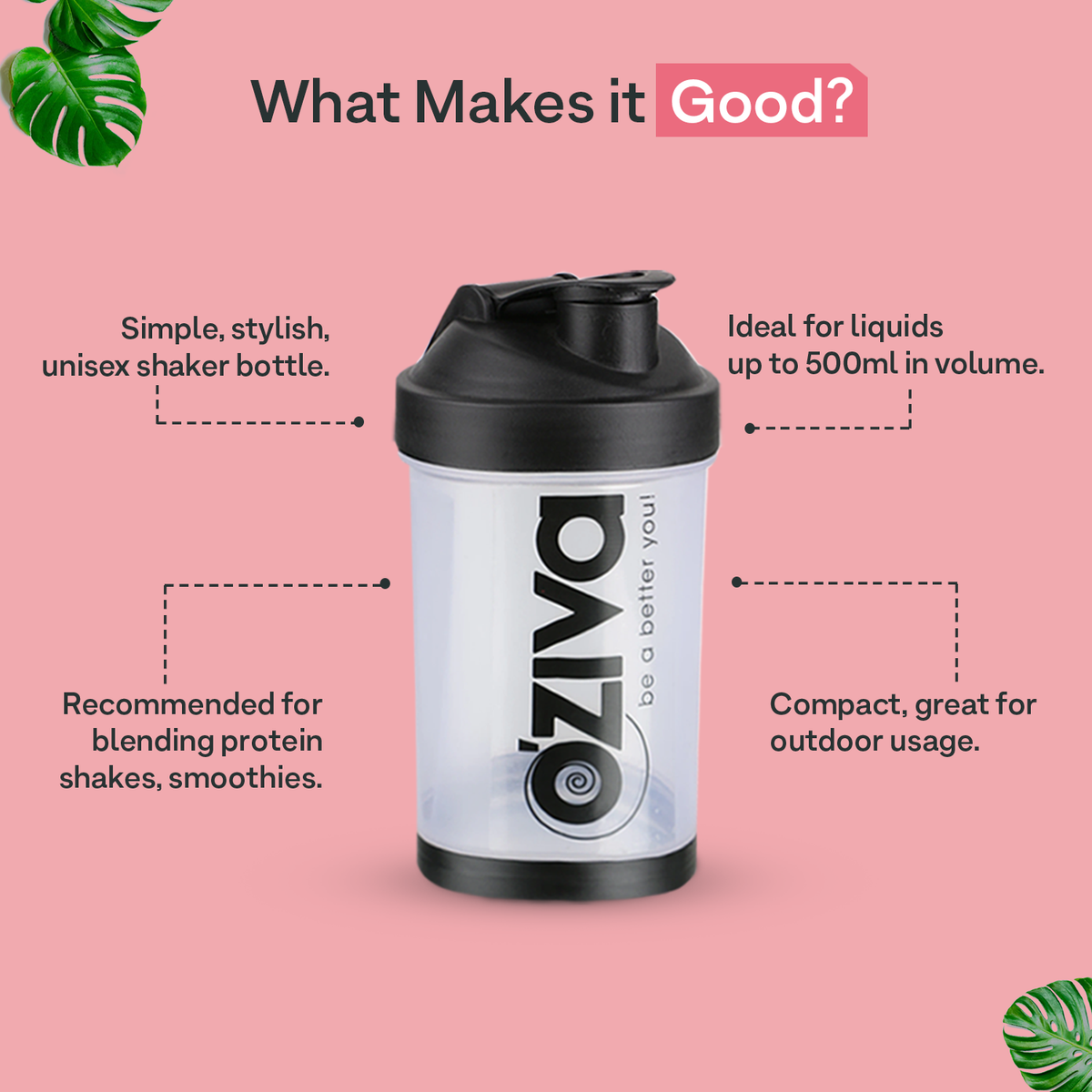 Shaker for Protein Shakes, Black (500ml) OZiva