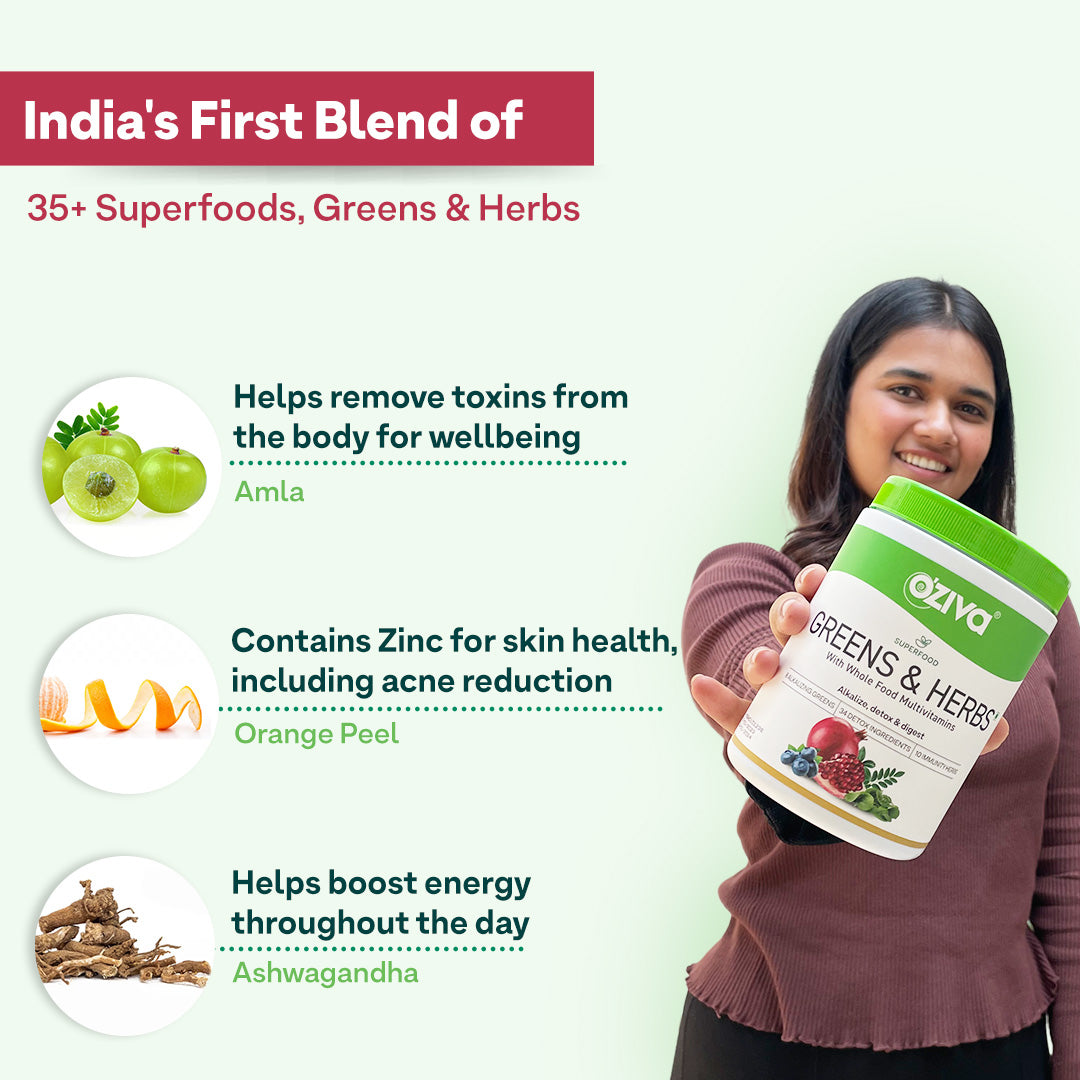 OZiva Superfood Drink with Greens for Gut Health & Acne Control 250g