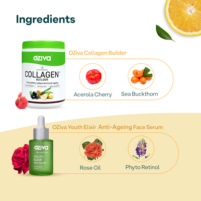 OZiva Glow & Anti-Ageing Routine: Youth Elixir Face Serum (30 ml) + Plant Based Classic Collagen Builder (250g) for Complete Collagen Boost