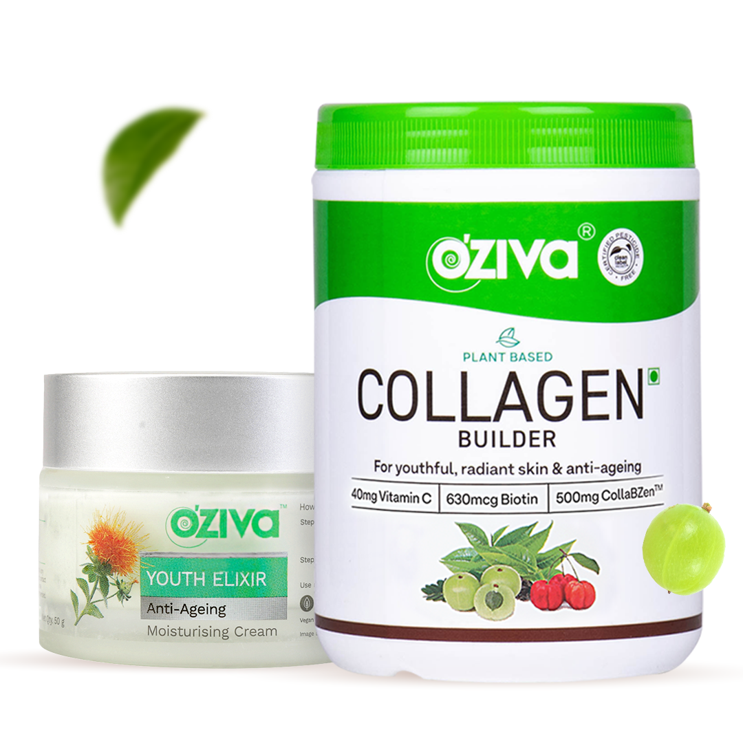 OZiva Healthy Ageing & Glow Routine: Youth Elixir Moisturising Cream (50g) + Plant Based Collagen Builder (250g) for Complete Collagen Boost