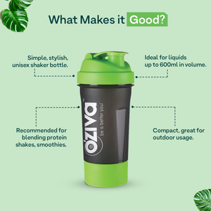 Shaker (600 ml), Green top with Detachable Storage Compartment & Mesh Strainer