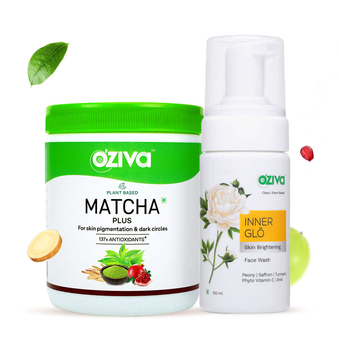 OZiva Plant Based Matcha Plus, 137x Antioxidants + OZiva Inner Glo Skin Brightening Face Wash