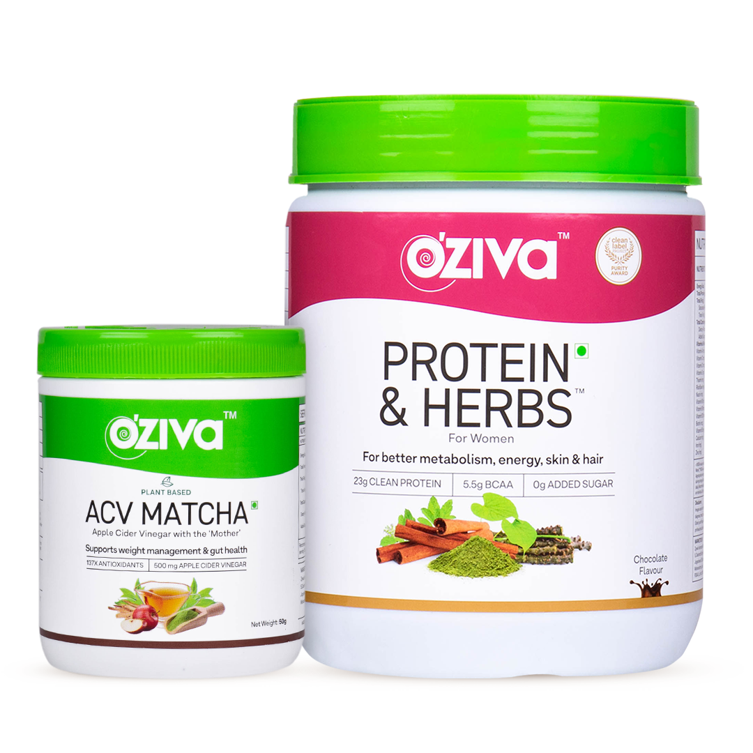 OZiva Protein & Herbs for Women (500g, Chocolate) + Apple Cider Vinegar Matcha (50g)
