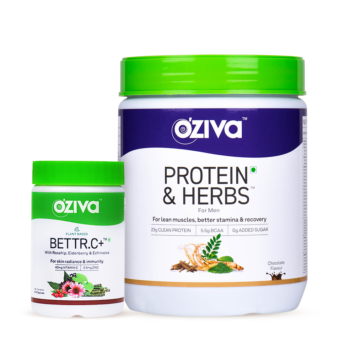 OZiva Protein & Herbs for Men (500g, Chocolate) + Plant Based Bettr.C+ (60 capsules)