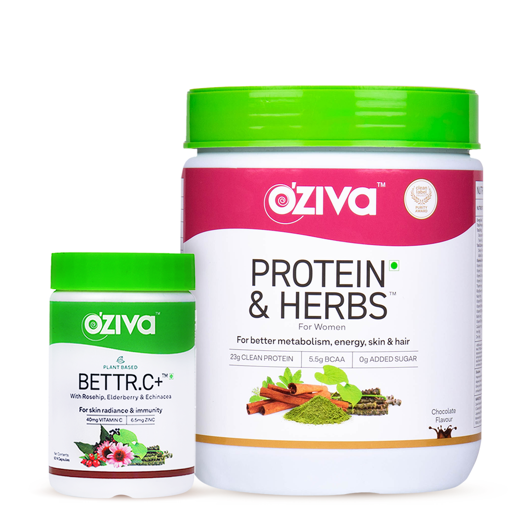 OZiva Protein & Herbs for Women (500g, Chocolate) + Plant Based Bettr.C+ (60 capsules)