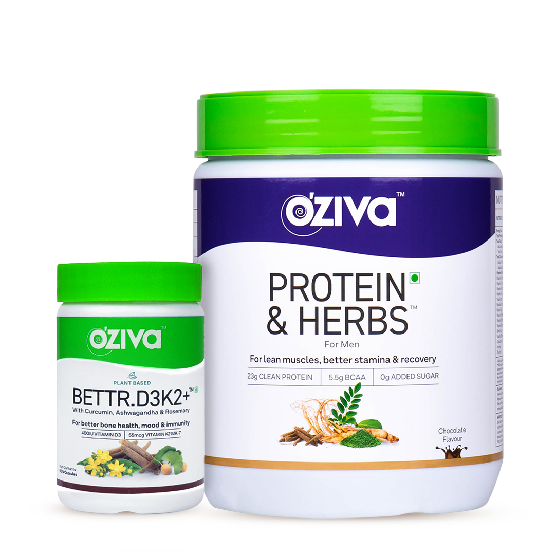 OZiva Protein & Herbs for Men (500g, Chocolate) + Plant Based Bettr.D3K2+ (60 capsules)