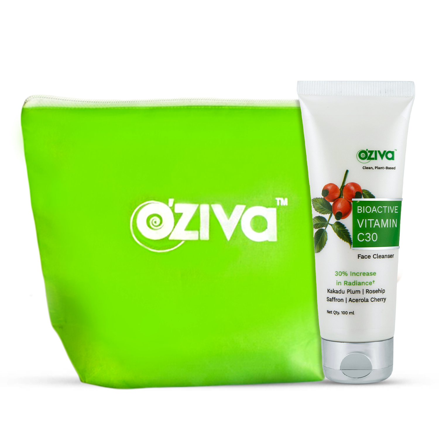 Glow on-the-go Duo | Oziva Bioactive Vitamin C30 Face Cleanser + Glambag