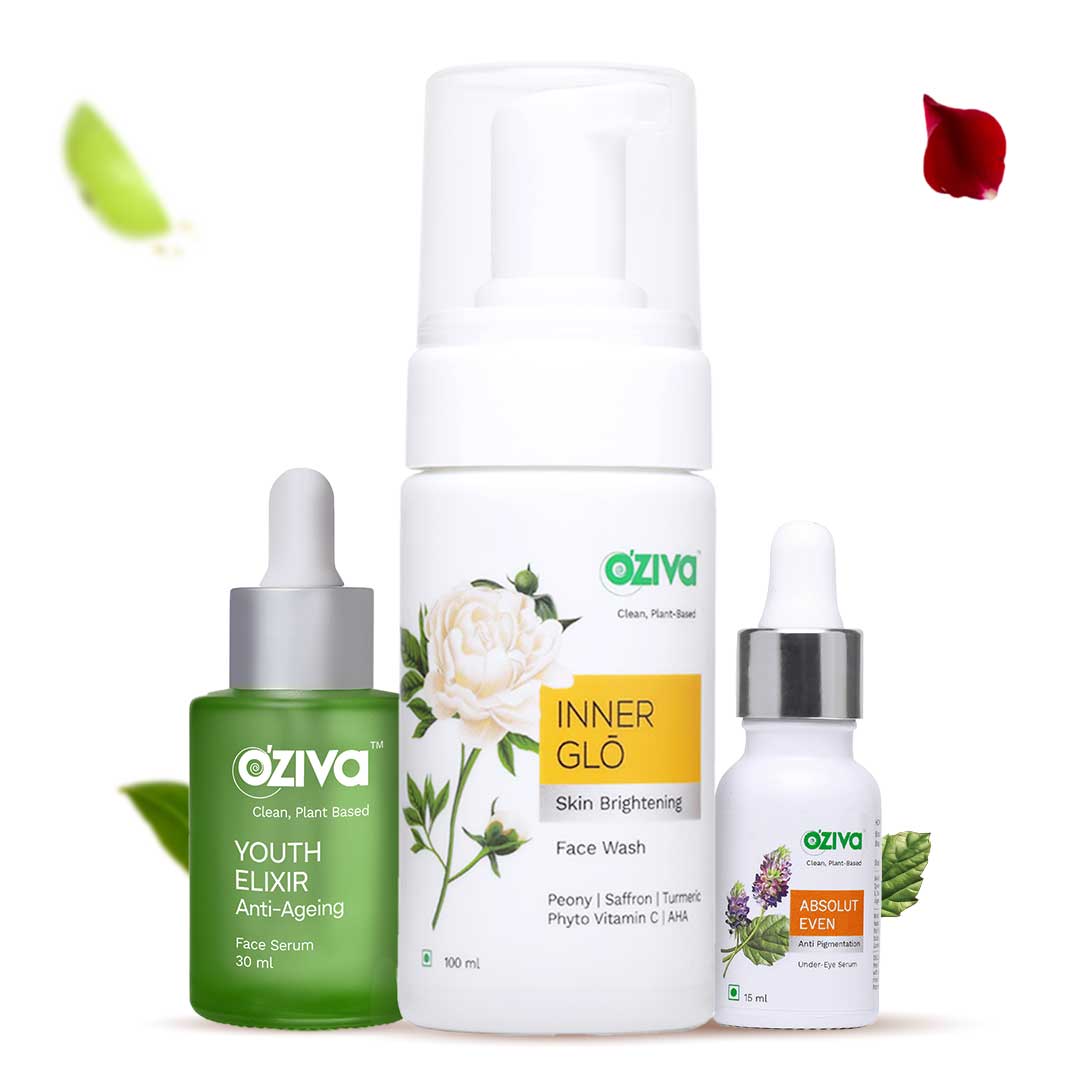OZiva Bestselling Youthful Radiance Combo Pack (Youth Elixir Face Serum 30 ml + Absolut Even Under Eye Serum 15 ml + Inner Glo Face Wash 100 ml)