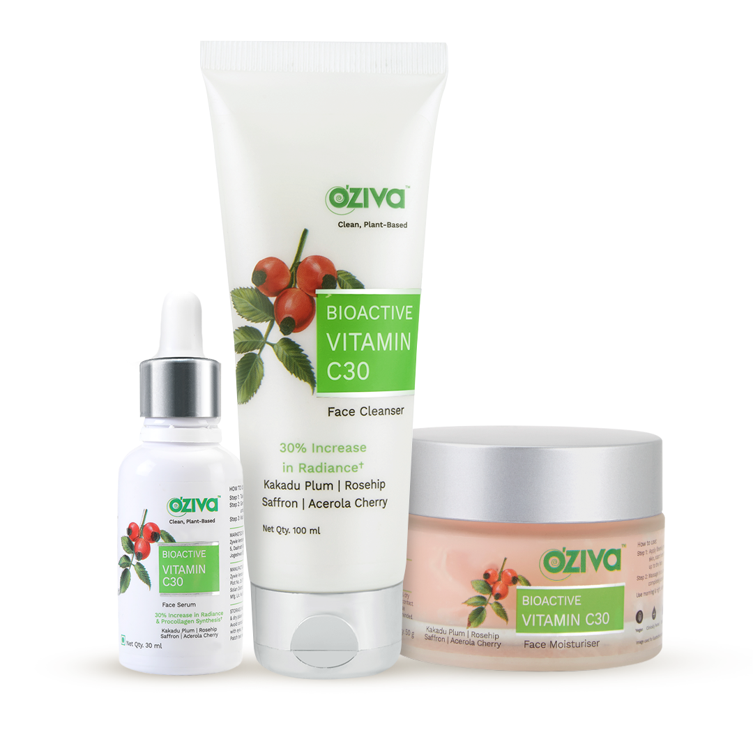 OZiva Skin Radiance Trio: Bioactive Vitamin C30 Face Cleanser (100 ml) + Bioactive Vitamin C30 Face Serum (10 ml) + Bioactive Vitamin C30 Moisturiser (50g) for Increase in Radiance
